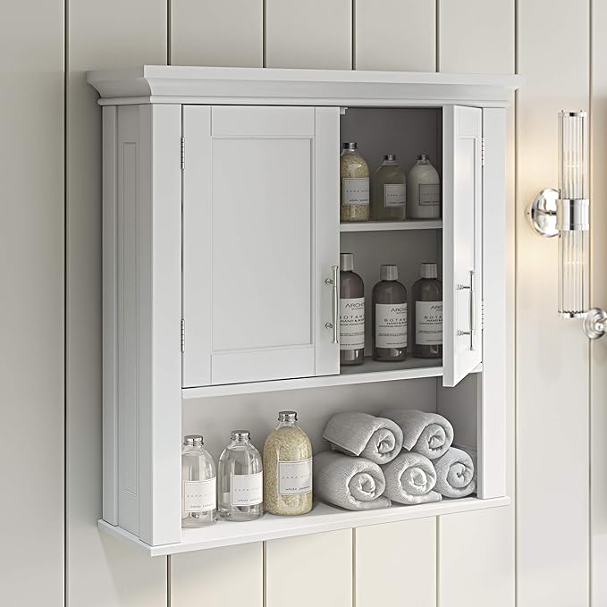 RiverRidge Somerset Two-Door Bathroom and Laundry Wall Mount Storage Medicine Cabinet with Open and Adjustable Shelf - White | Two-Door, Wall Mount, Storage, Open, Adjustable Shelf