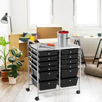 GOFLAME 12-Drawer Rolling Storage Cart, Multipurpose Organizer Cart with 2 Sizes Plastic Drawers, Mobile Utility Cart with Lockable Casters for School, Home Office, Beauty Salon, Black