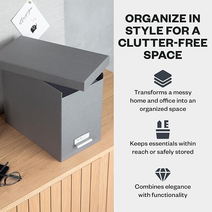 Bigso John Fiberboard Label Frame Desktop File Storage Box - Document Organizer for Important Paperwork - Durable Hanging File Box with a Lid & Metal Label Window - 7.36 x 13.38 x 10.51 in - Grey