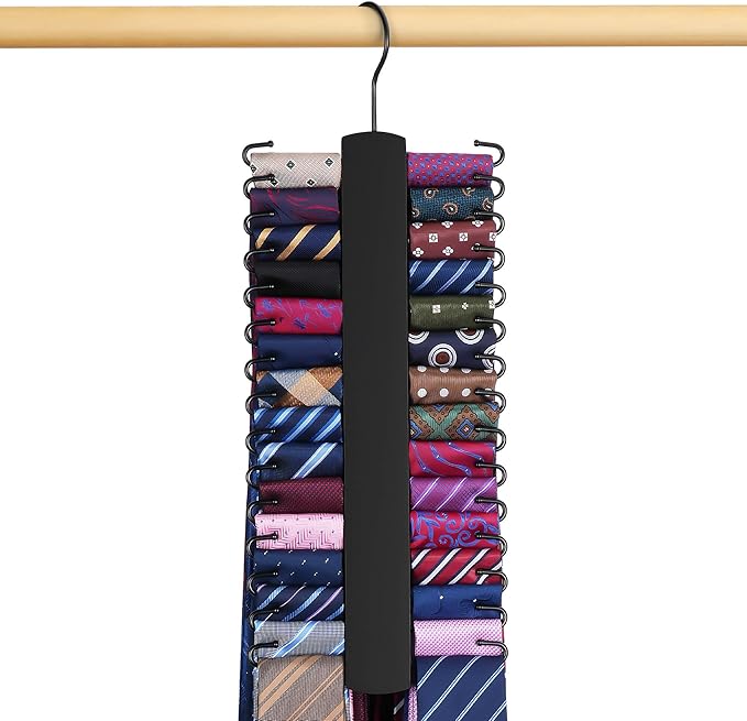 Upgraded Tie Rack Hanger for Closet with 30 Metal Hooks, Space Saving Necktie Organizer for Men, Sturdy Wooden Large Capacity Tie Holder, Closet Organizers and Storage, Black