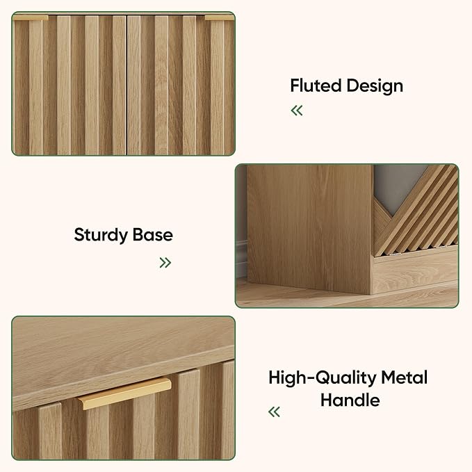 Double Tilt Out Laundry Hamper Cabinet, 11.8 Gallon Fluted Hidden Trash Cabinets with 2 Baskets for Bathroom Kitchen & Living Room, Freestanding Bathroom Storage Cabinet（Natural Oak）