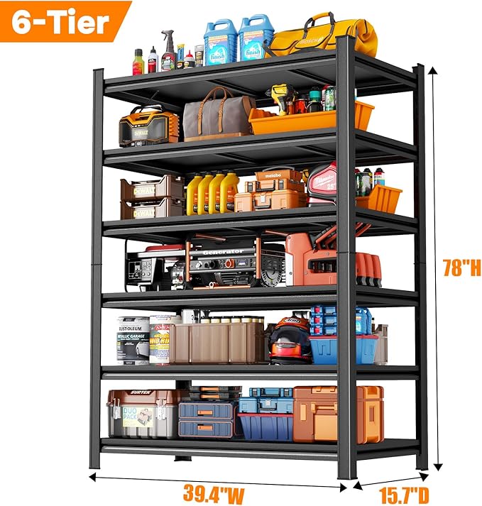 Metal Garage Shelving Unit, 6-Tier 78" H x 39.4" W x 15.7" D Tall Storage Shelves, Heavy Duty & Adjustable, Slim Design Utility Rack for Kitchen, Pantry, Basement, Warehouse