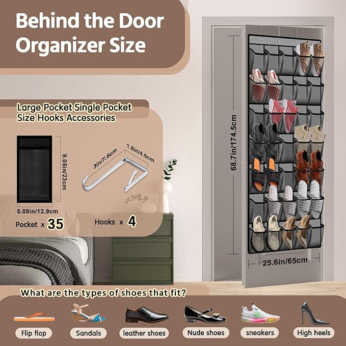 PAULONE 35 Pocket Over the Door Shoe Organizer,Reusable Breathable Large Mesh Bag Men's & Women's Sneaker Organizer,Shoe Organizer for Kids,Hanging Shoe Storage Hanging Bag (Gray)