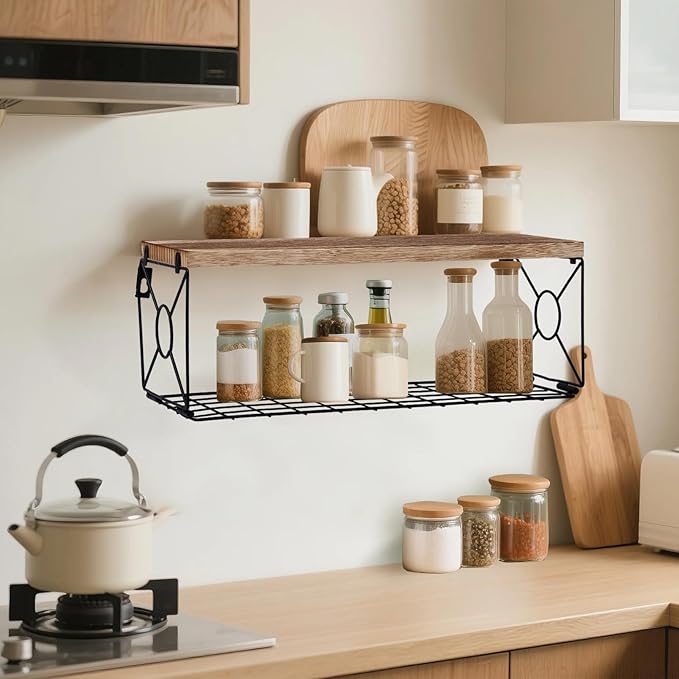 Bathroom Shelves Over Toilet Set of 3, 15.8 inch Floating Shelf with Storage Basket, Floating Shelves for Wall, Wood Wall Mounted Shelf for Bathroom Living Room Bedroom Kitchen, Rustic Brown