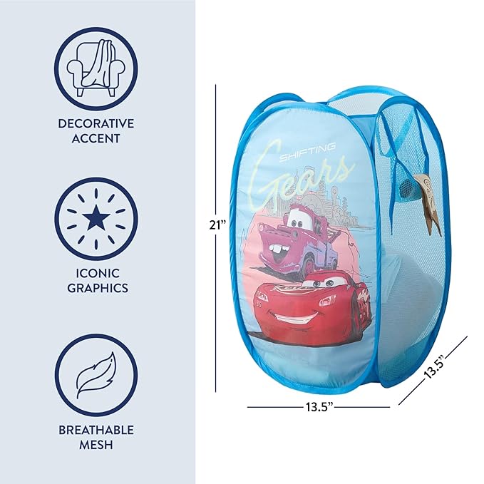 Disney Cars Pop-Up Hamper with Durable Carry Handles for Laundry, Kids Room & Nursery Storage, 21”H x 13.5”W x 13.5”L