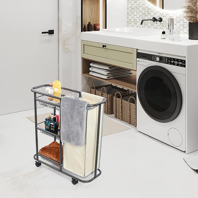 Narrow Laundry Cart with Wheels,3 Baskets and 45L Laundry Bag Metal Rolling Cart for Small Space,Laundry Room Organization and Storage for Bathroom Living Room Apartment Dorm