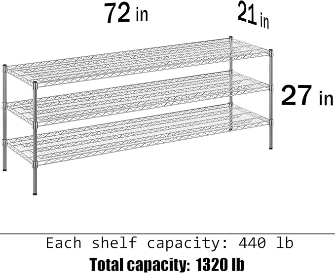 21" Deep x 72" Wide x 27" Height Wire Shelving Kit | 3-Tier | NSF Commercial Storage Rack Unit