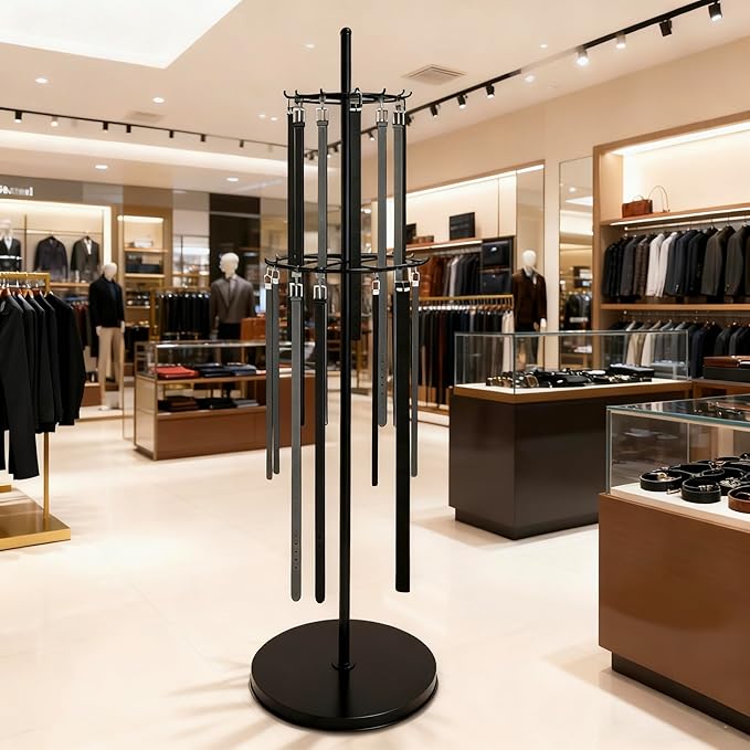 360° Rotation Belt Hanger, Black Belt Display Scarf &Ties Rack Stand, Floor Mounted Metal Men Closet Belt Organizer Holder Jewelry Necklaces Purse Hanger Shelf for Clothing Store Retail & Home