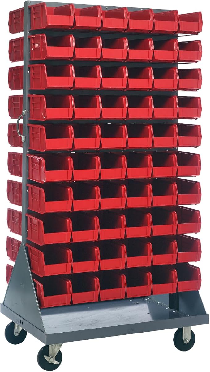 Quantum Storage Systems QMD-36H-230RD Mobile Double Sided Gray Louvered Rack System with Bins, 36” L x 25” W 72” H, Red
