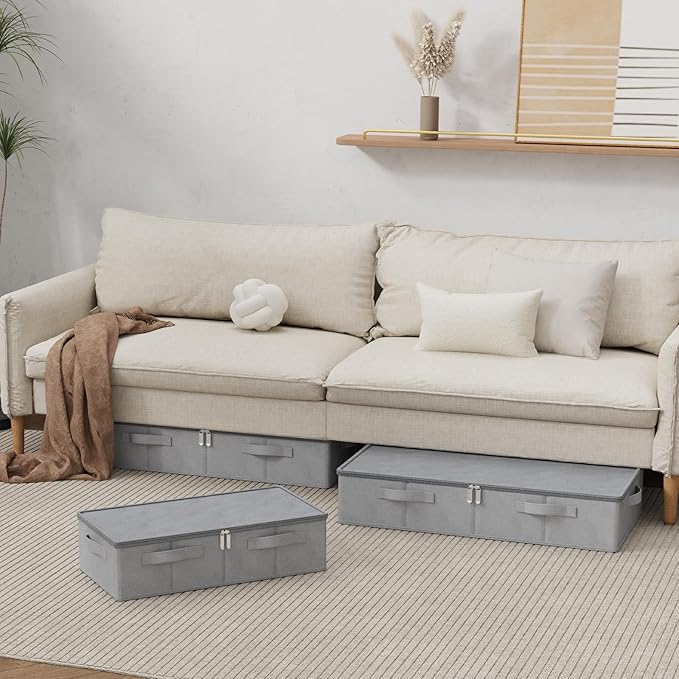 Underbed Storage Box, Foldable Under Bed Bins Container, Fabric Closet Organizer with Lid, for Clothes, Sheets, Blankets, 23.6x11.8x5.9in, Grey, 3 Pack