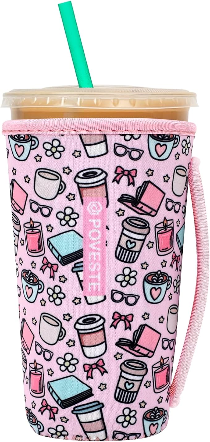 Reusable Neoprene Insulator Sleeve for Iced Coffee & Cold Soda, Coffee Sleeves for Iced & Hot Drinks, Cold Beverage Cooler Compatible with Starbucks, Dunkin (Coffee Break, Large: 32oz)