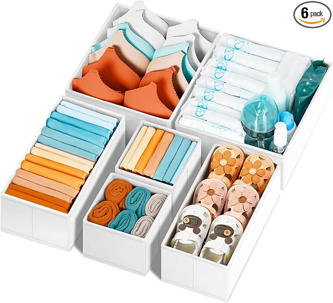 Criusia Drawer Organizer Clothes 6 Pack White- Dresser Organizer Bins for Closet Bedroom - Baby Clothes Organizers and Storage for Nursery Organization -Sock Underwear Drawer Organizer Divider