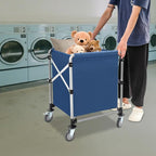 Commercial Laundry Cart with Wheels,Folding Laundry Hamper Cart,Heavy Duty Rolling Laundry Basket with Large Capacity,Laundry Sorter Trolley for Home Hotel Apartment (Blue, 23.62 * 19.69 * 23.62in)