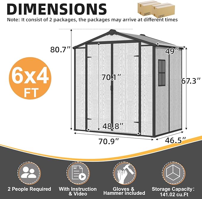 MELLCOM 6x4 FT Resin Garden Storage Shed with Windows and Lockable Door, Outdoor Storage Tool Shed with Floor, Resin Outdoor Shed for Bike, Garbage Can, Lawnmower