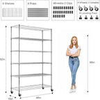 6-Tier Storage Shelves 45" x 18" x 82" Heavy Duty Metal Shelving Unit 2100Lb Capacity Adjustable Storage Racks with Wheels NSF Garage Wire Shelf for Basement Commercial, Chrome