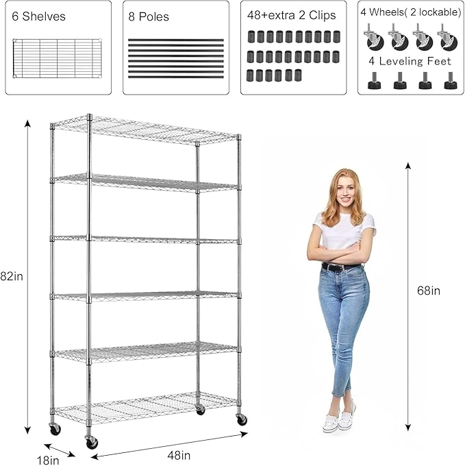 6-Tier Storage Shelves 45" x 18" x 82" Heavy Duty Metal Shelving Unit 2100Lb Capacity Adjustable Storage Racks with Wheels NSF Garage Wire Shelf for Basement Commercial, Chrome