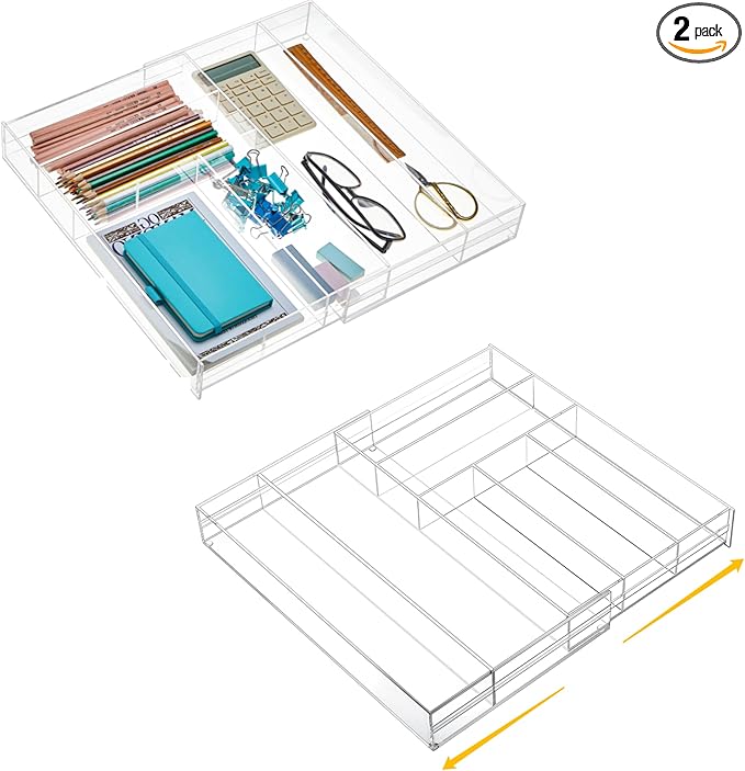 2 Pcs Acrylic Drawer Organizer 9'' up to 18'' x 15'' x 2'' Expandable Drawer Organizer Pens Notebook Ruler Makeup Tray with 7 Adjustable Compartments for Desk Office Kitchen Bathroom(Clear)