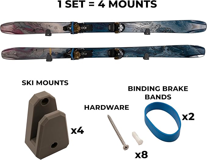 Horizontal Wall Ski Holder – Space-Saving Ski Wall Mount for Garage & Home Storage | Holds 1 Pair of Skis | Mountain, Snowflake & No Design Styles (Orange, Mountain | With Gear Hook)