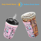 Reusable Neoprene Insulator Sleeve for Iced Coffee & Cold Soda, Coffee Sleeves for Iced & Hot Drinks, Cold Beverage Cooler Compatible with Starbucks, Dunkin (Coffee Break, Small: 16-18oz)