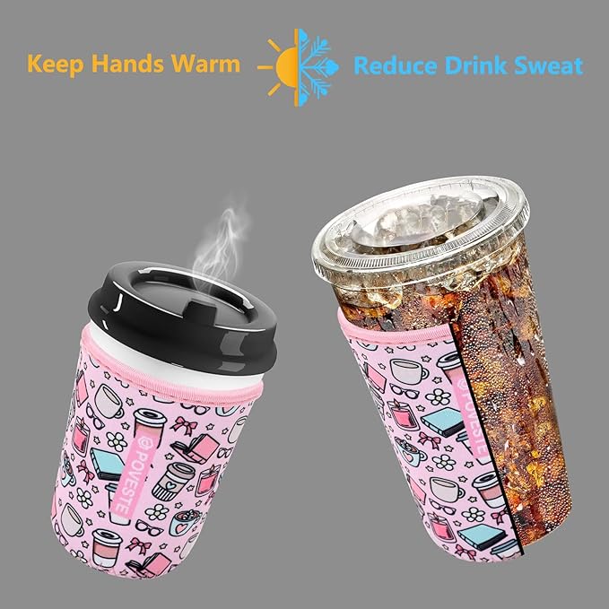 Reusable Neoprene Insulator Sleeve for Iced Coffee & Cold Soda, Coffee Sleeves for Iced & Hot Drinks, Cold Beverage Cooler Compatible with Starbucks, Dunkin (Coffee Break, Medium: 22-24oz)