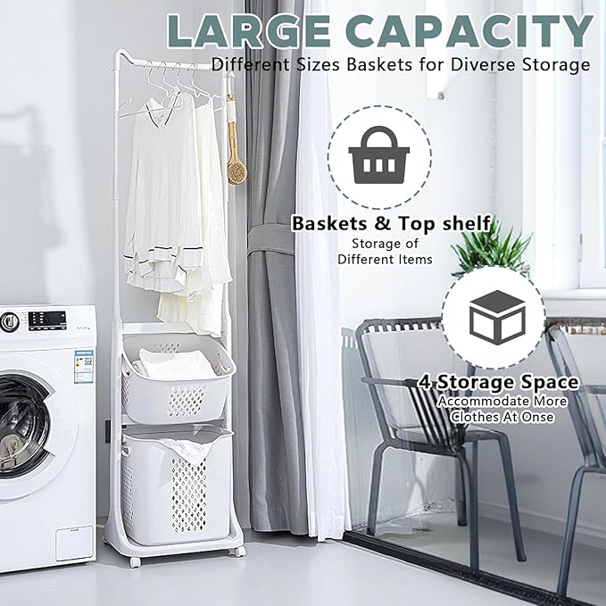 2-Tier Rolling Tiered Laundry Basket Organizer,Vertical Laundry Sorter with Wheels and Hanging Bar,Stacked Basket Holder for Bathroom & Laundry Room, White (68.5 Inch)