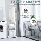 2-Tier Rolling Tiered Laundry Basket Organizer,Vertical Laundry Sorter with Wheels and Hanging Bar,Stacked Basket Holder for Bathroom & Laundry Room, White (68.5 Inch)