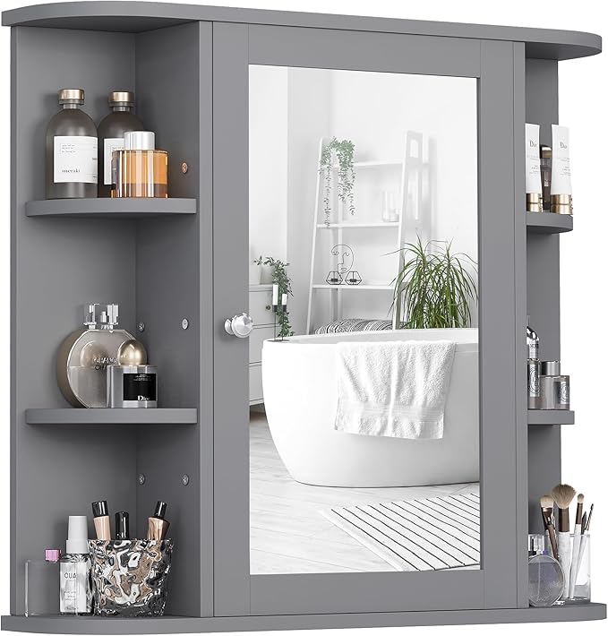 Shintenchi Bathroom Wall Cabinet with Mirror, Mounted Medicine Cabinets with 4 Internal and 6 Open Shelves, Mirrored Door Over the Toilet Storage, Gray