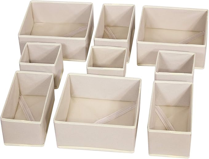 DIOMMELL 9 Pack Foldable Cloth Storage Box Closet Dresser Drawer Organizer Fabric Baskets Bins Containers Divider for Baby Clothes Underwear Bras Socks Lingerie Clothing,Beige 333