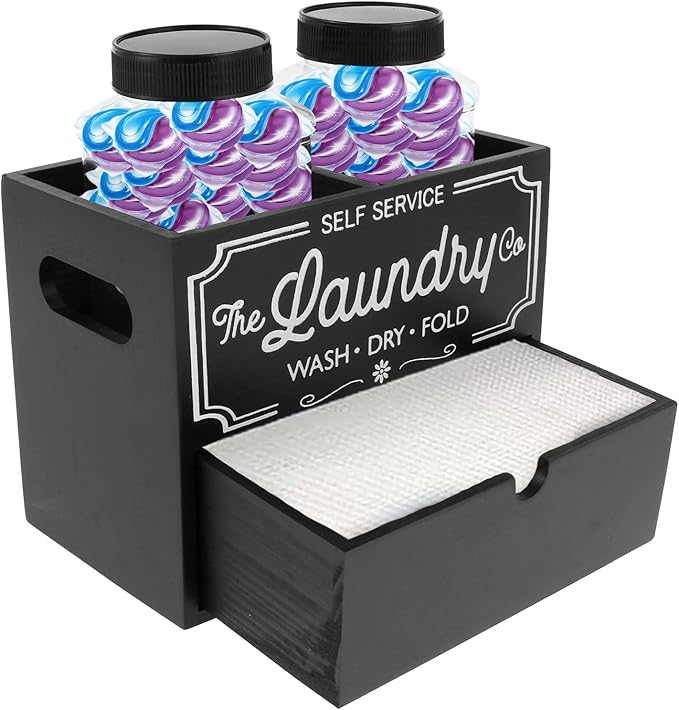 Wooden Dryer Sheet Container for Laundry Room Organization, Laundry Pods Container Include 2 Plastic Jars with Lids for Laundry Room