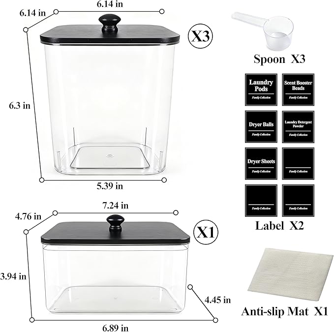 4 Pack Laundry Pods Container with Anti-slip mat, Clear Dryer Sheet Holder, Laundry Room Organization Containers with Black Wooden Lids & Labels, Laundry Detergent Holder for Scent Booster