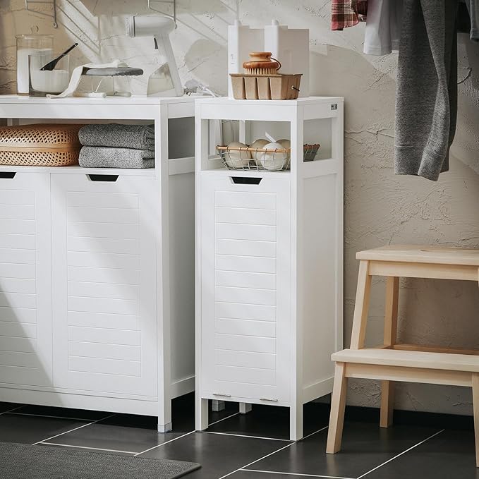 Haotian Small Tilt-Out Laundry Hamper Cabinet, Skinny Bathroom Storage Cabinet for Clothes Organization with Hidden Basket & Shelf, White BZR122-W