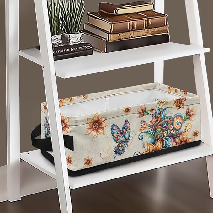 Rectangular Storage Bin Toilet Paper Towels Storage Organizer Bathroom Accessories Multipurpose Storage Caddy for Home Office Bedroom Decor, Boho Butterfly Flower