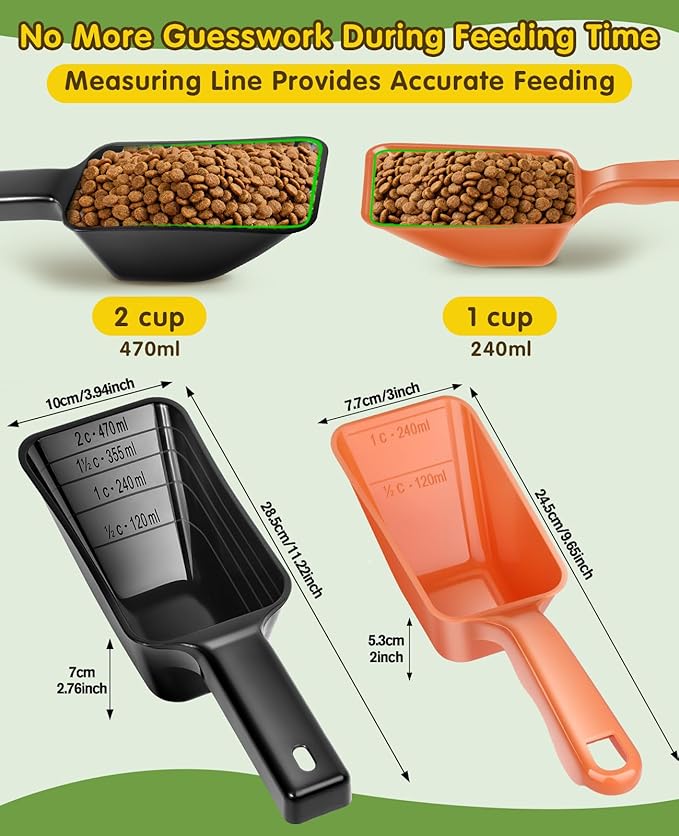 2 Pack Dog Food Scoop with 1 Cup and 2 Cup Capacity, Plastic Pet Food Measuring Scoops with Clear Measurement Lines for Dogs, Cats & More,Dishwasher safe (Orange and Black)