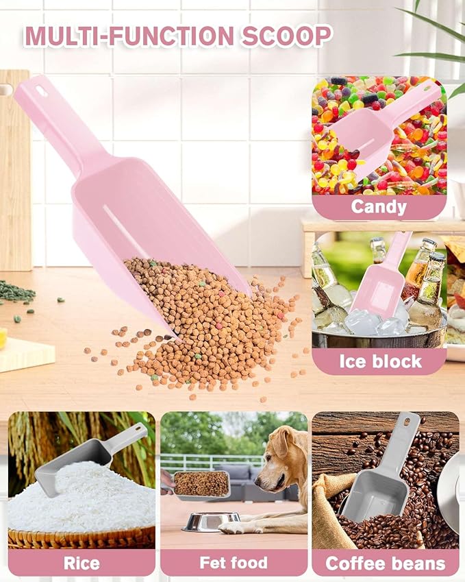 2 Cup Dog Food Scoop(2 Pack), Plastic Pet Food Scoop with Measuring Lines for Accurate Pet Food Portions,Dishwasher Safe (Grey and Pink)