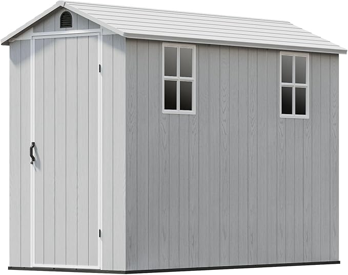 Patiowell 4x8 FT Resin Outdoor Storage Shed with Floor & 2 Windows, Large Plastic Garden Shed with Lockable Door for Backyard, Patio, and Lawn, Gray (Fit-it Shed)