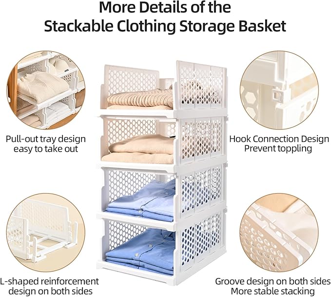 Pull-out Plastic Storage Basket,Stackable Closet Organizers Drawer Anti-Tipping, Reinforced Stable Shelf Container for Bathroom Laundry Room Storage, Space-Saving Clothes Storage (White, 4L)