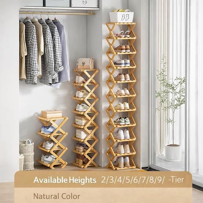 Foldable Shoe Rack, 2 - 9 Tier No-Tool Assembly Bamboo Organizer with Anti-Wobble X-Design for Small Spaces, Sturdy Vertical Storage Shelf for Entryway, Closet, Apartment & Dorm (Yellow,7 Layers)
