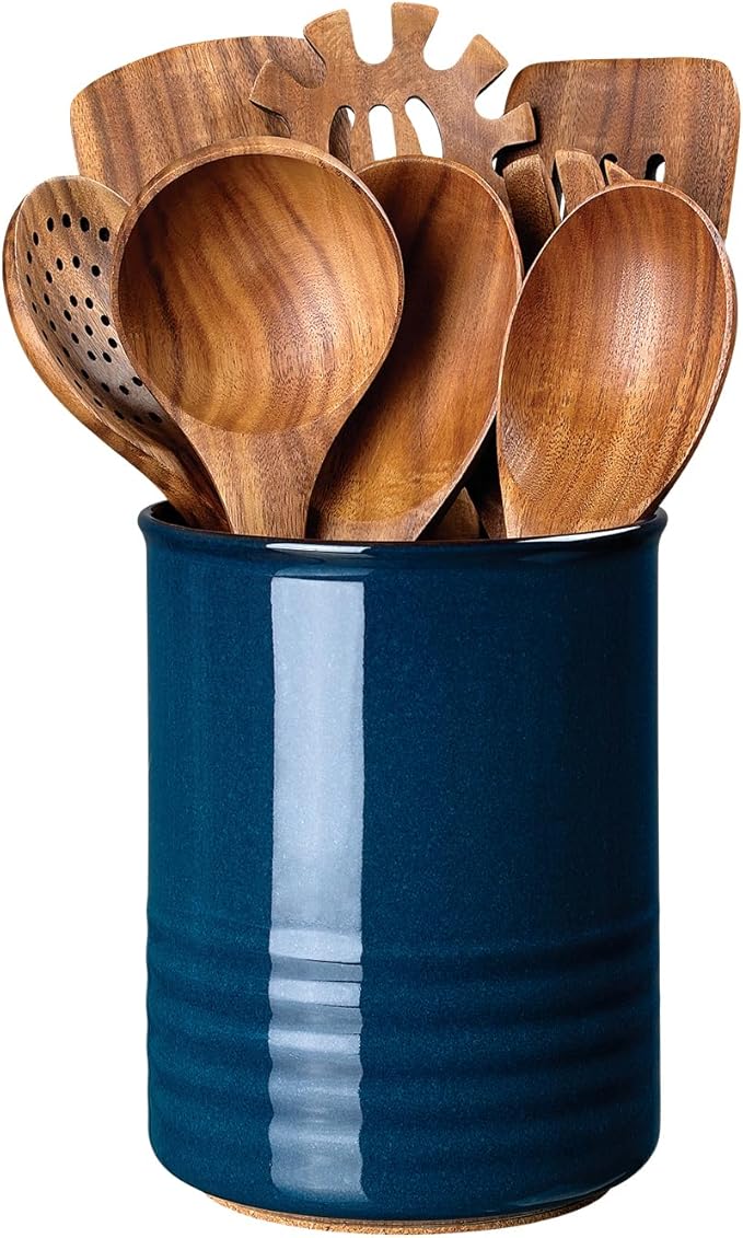 Utensil Holder, 6.7" Ceramic Kitchen Utensil Crock for Countertop Cooking, Modern Utensil Caddy Jar Organizer for Farmhouse Kitchen Counter Décor, Flambe Blue