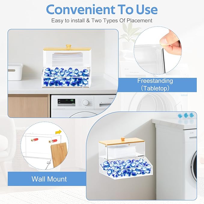 JYPS 2-in-1 Laundry Organizer with Large Capacity: Double-Layer Transparent Acrylic Storage Box with Bamboo Lid for Pods, Dryer Sheets & Supplies