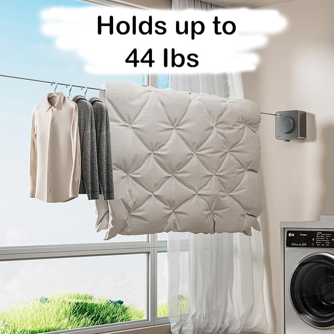JXKNKSR-Telescopic Clothesline Indoor and Outdoor, Heavy-Duty Laundry Line, Wall Mounted, Safety Lock System (Gray+10Clothes Pins)