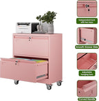 Aobabo Lateral File Cabinet 2 Drawer with Wheels, Lockable Metal Filing Cabinet for Home Office, Legal/Letter Size,Pink,Required Assembled,15.87" D x 28.94" W x 34" H