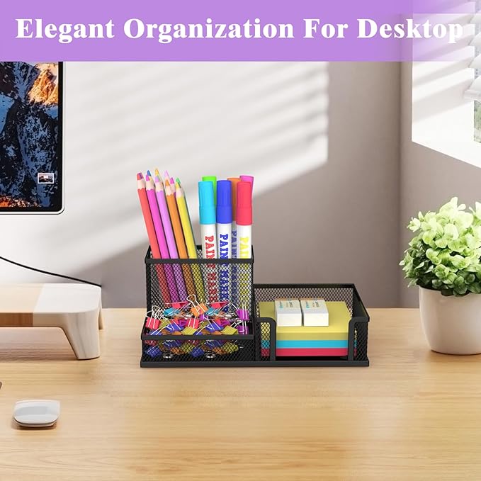 SUPEASY Pen Holder Desk Organizer, 2Pack Office Supplies Pencil Holder with 3 Compartments, Desk Accessories and Workspace Organizers for Home School, Black