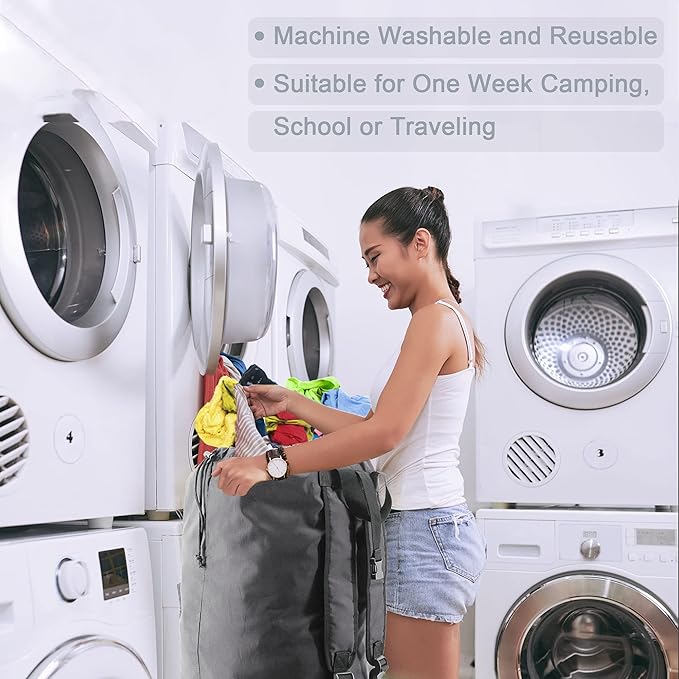 BeeGreen Gray Laundry Backpack w Adjustable Shoulder Straps & Drawstring College Dorm Room Essentials w Handle for Travel Trip Lightweight Durable Laundry Bag Hamper Portable