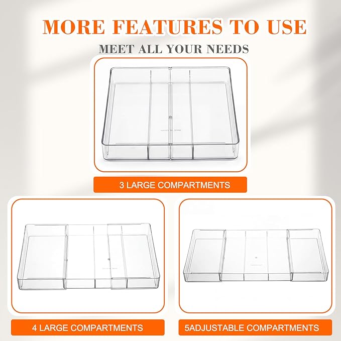 1 Pcs Large Expandable Acrylic Drawer Organizers, Grid Adjustable Drawer, Dividers Organizer for Desk, Makeup, Jewelry, Office, Kitchen Supplies (Clear,5 Compartments)