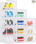 eWonLife Large Shoe Organizer Storage Box with Magnetic Door,12 Pack Clear Plastic Stackable Sneaker Containers for Closet, Connect Left and Right Shoe Box for Entryway, Drop Front, Under Bed (White)