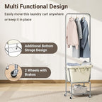 ELYKEN Laundry Cart with Hanging Rack, Rolling Laundry Hamper with Wheels, Laundry Basket with Removable Liner Bag and Shelf, Sturdy Metal Frame Dirty Clothes Basket for Hotel, Home, Closet, Dorm