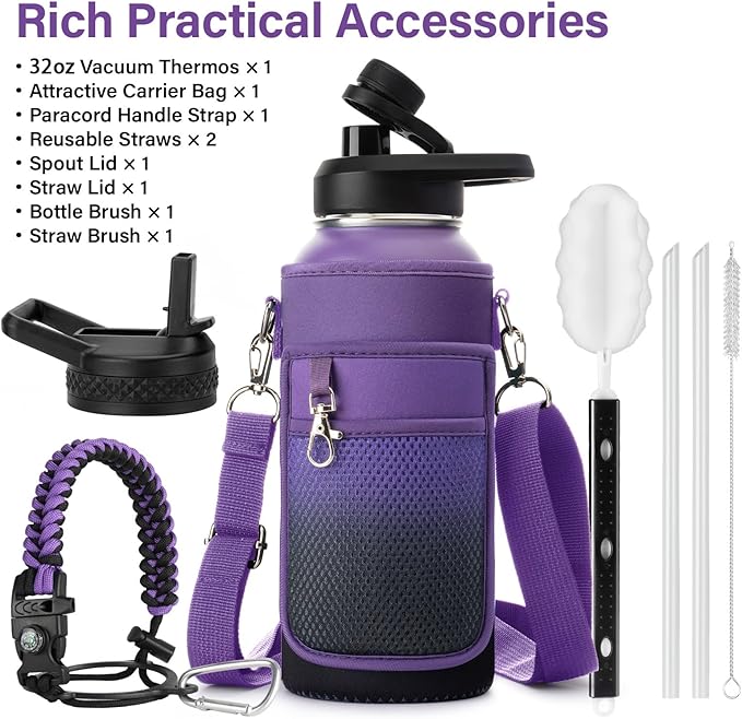 Insulated Water Bottle | Thickened Stainless Steel Vacuum Metal | Portable Sports Water Jug for Gym and Hiking with Straw, Carrier Bag, Handle Strap | BPA-Free 32 oz