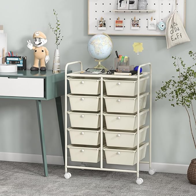 Giantex 10 Drawers Rolling Cart, Classroom Organizers, Storage Cart with Wheels, for Teacher Office Home School Supplies Tool Craft Art Paper, Ivory Color