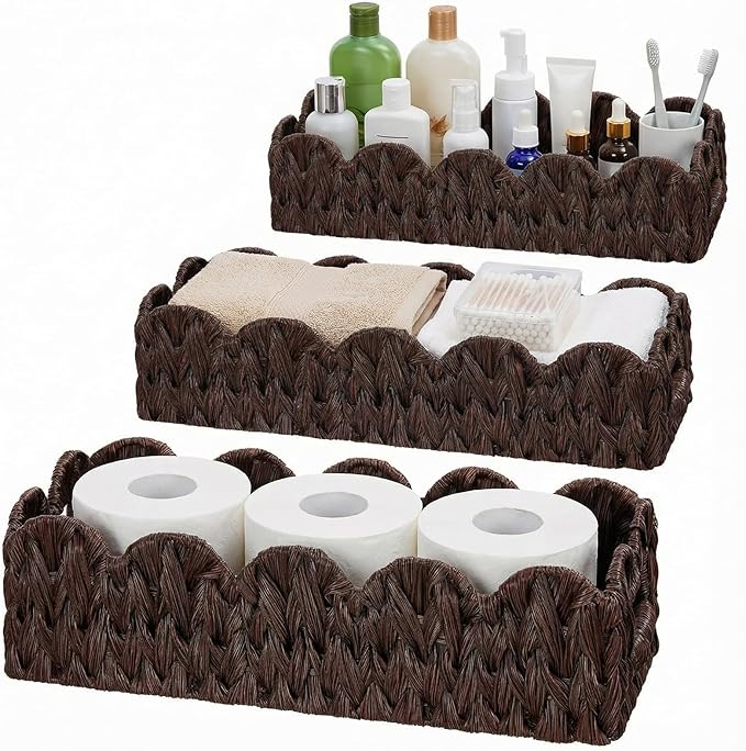 3Pack Toilet Paper Basket for Organizing Scalloped Edge Wicker Basket with Handles Toilet Tank Paper Holder Storage for Bathroom Bedroom Countertop Shelf Decor(Brown,Plastic)