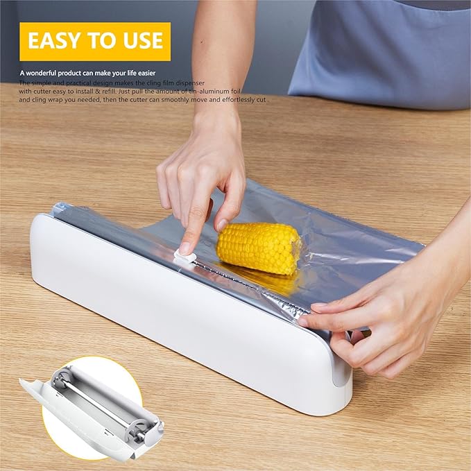 Aluminum Foil & Plastic Wrap Dispenser with Cutter - Easy One-Hand Operation, Space-Saving Kitchen Organizer for Worktops & Cabinets, Magnetic Cling Film Dispenser - Fits 12" Rolls, Gray